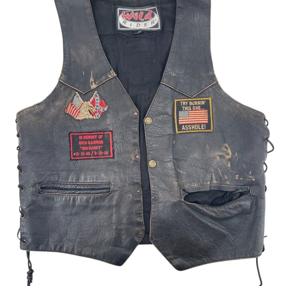 Wild Rider biker leather vest harley davidson patch Size M vintage - Picture 3 of 6